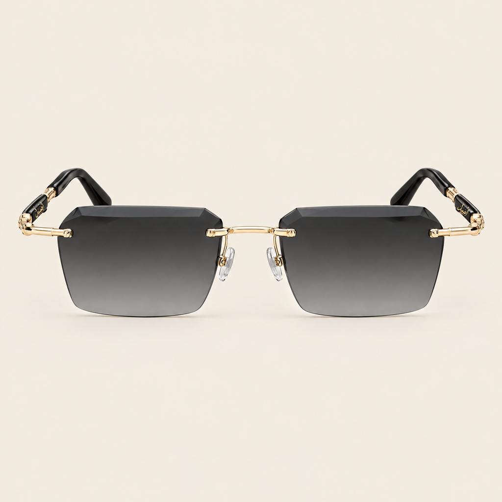 Fahd black and gold rimless sunglasses, front view
