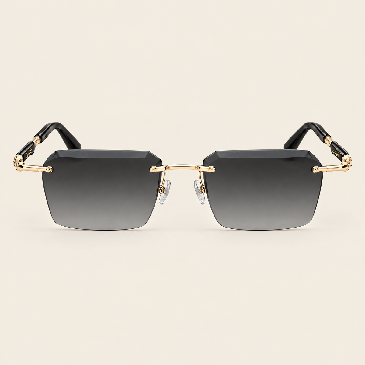 Fahd black and gold rimless sunglasses, front view