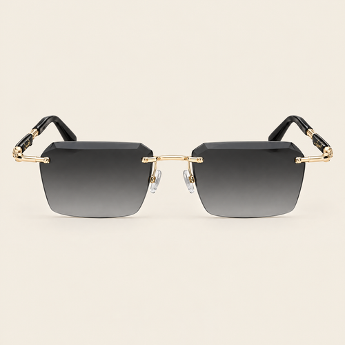 Fahd black and gold rimless sunglasses, front view
