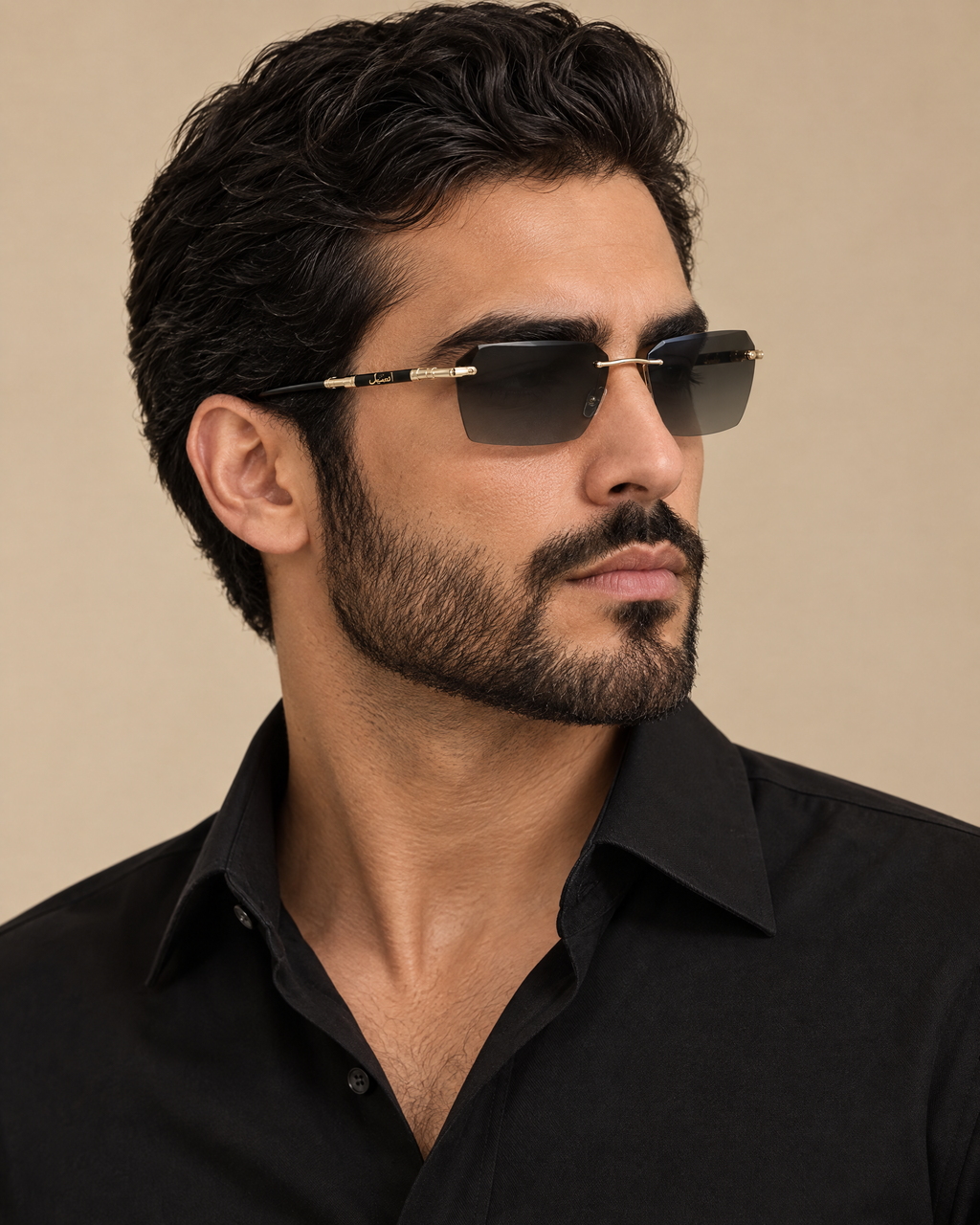 Man wearing Fahd black and gold sunglasses