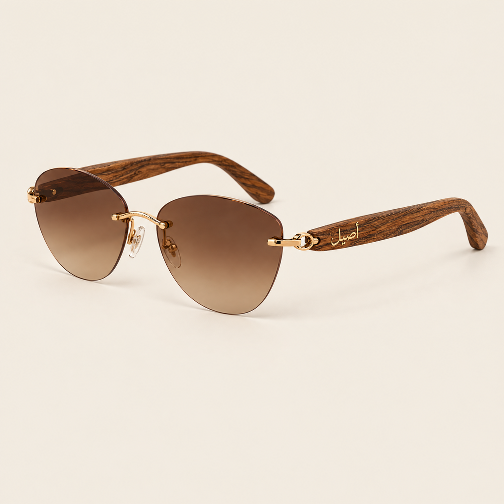 Rawan rimless wood sunglasses, three-quarter view