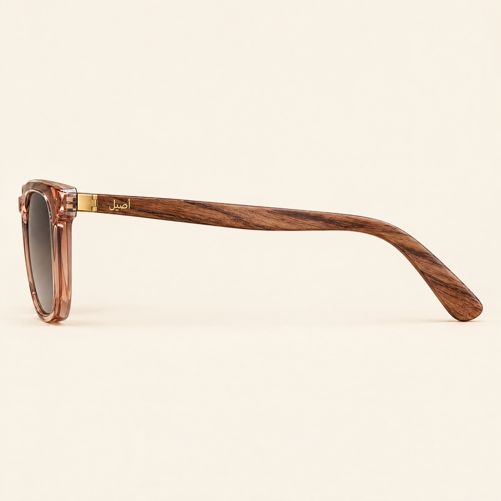Zayd sunglasses, side view of the wood temple