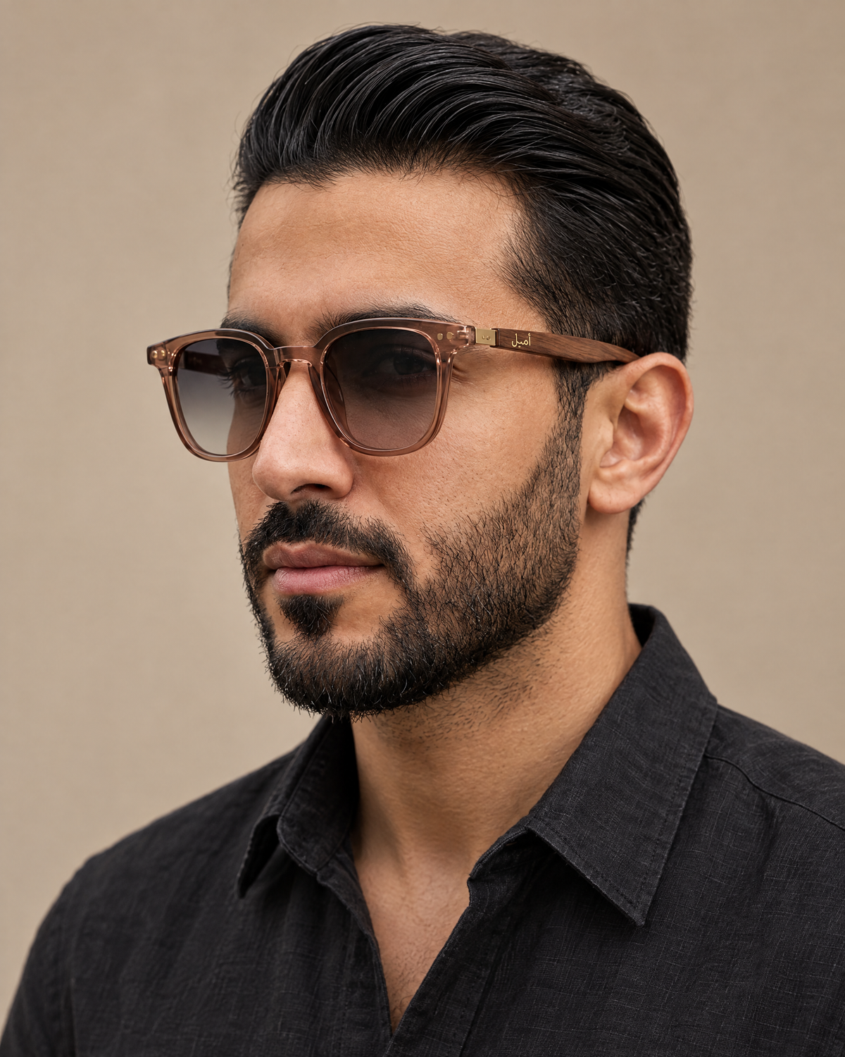Man wearing Zayd crystal taupe sunglasses